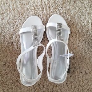 Rhinestone embellished white wedge sandals